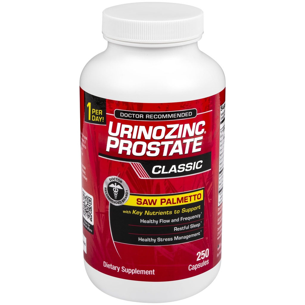 Urinozinc Classic Prostate Supplemento per gli uomini, 1 capsula al giorno, Saw Palmetto & B Vitamine (Over 8 mesi di alimentazione, 250 conte)