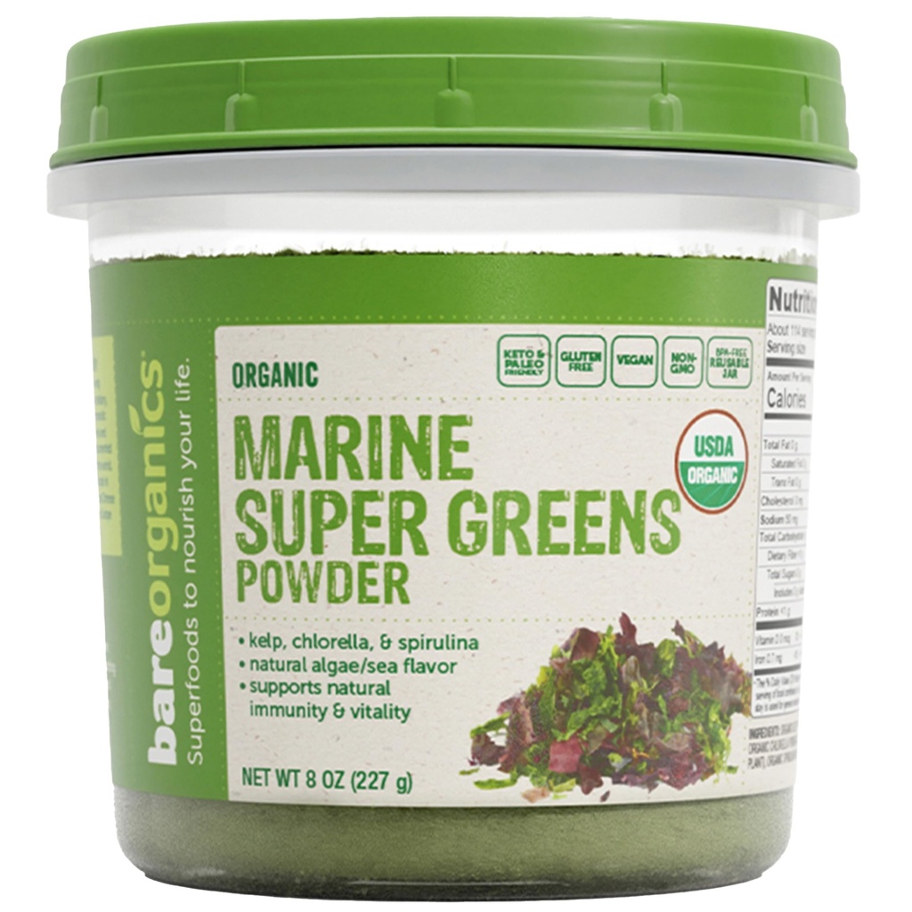BareOrganics Marine Super Greens Polvere – USDA Organic, Vegan, Gluten-Free, Non-GMO, BPA-Free, Superfood Powder with Organic Kelp, Spirulina & Chlorella - 8 oz