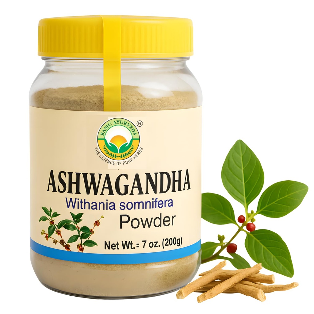 BASIC AYURVEDA Ashwagandha Root Powder | Withania Somnifera Polvere di erbe per Smoothies, Tonics & Recipes | Natural Ayurvedic Ingredient | No Fillers, No Additives | 7.05 Oz (200g)
