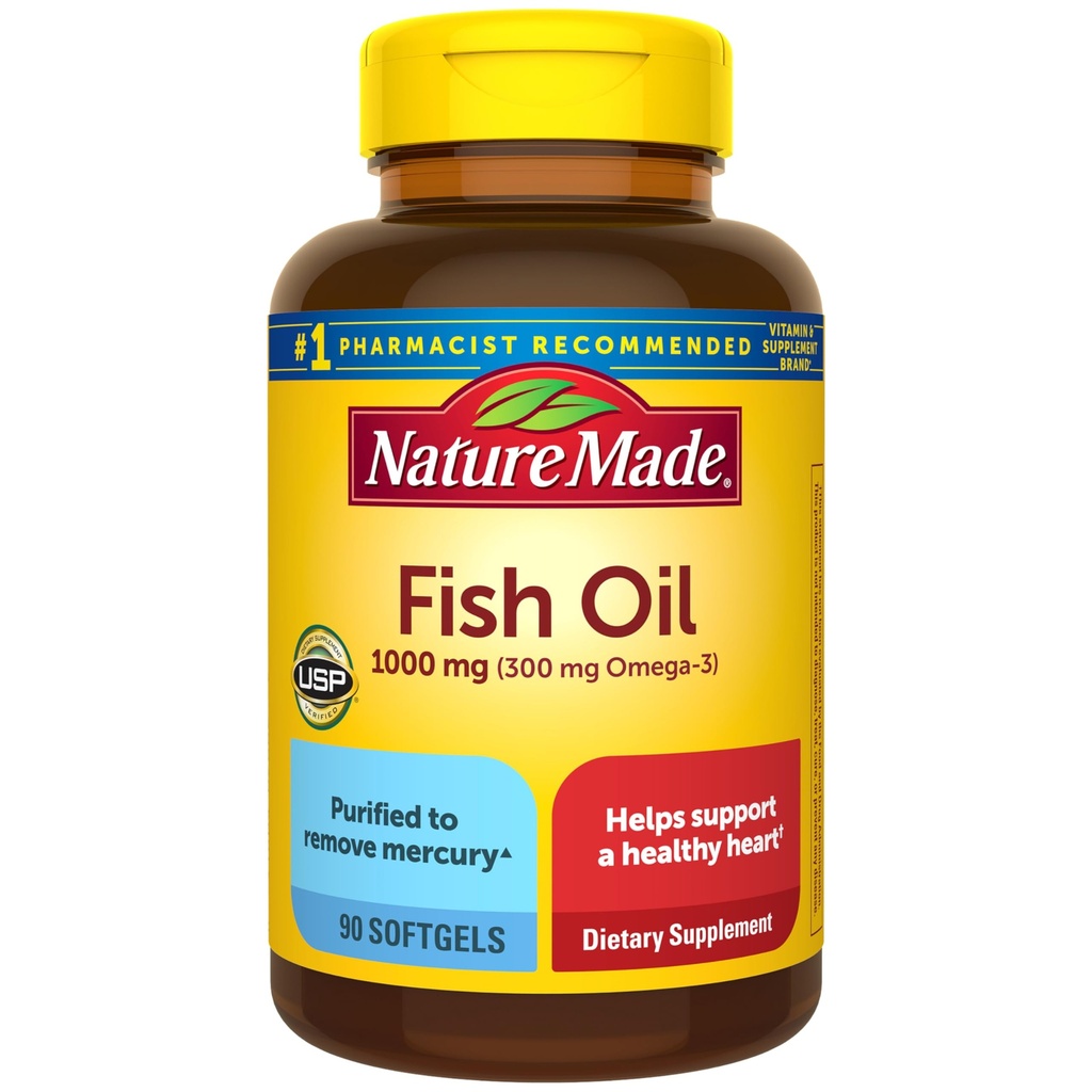 Nature Made Fish Oil Omega 3 Integratori, 1000 mg Softgels, Omega 3 Fish Oil per il supporto sano del cuore, 90 Softgels, 45 giorni di alimentazione