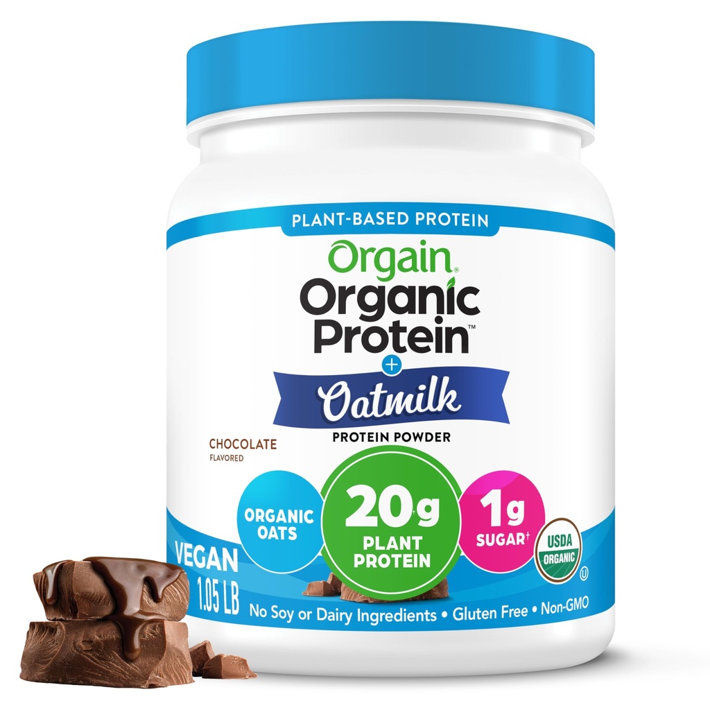 Orgain Organic Vegan Protein Powder + Oat Milk, Cioccolato - 20g Proteine Basate sulle piante, Gluten Free, No Latticini, Soia o Lattosio Ingredienti, Basso Zucchero, Non OGM, Kosher, Per Shakes & Smoothies - 1.05lb