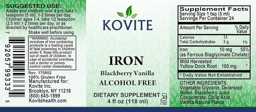 Liquid Iron 10 mg - Aumentare i livelli di energia e sangue senza nausea o costipazione - Gocce di ferro liquido per uomini, donne e bambini - BlackBerry Vanilla Flavor - 4 fl oz. Certificato Kosher