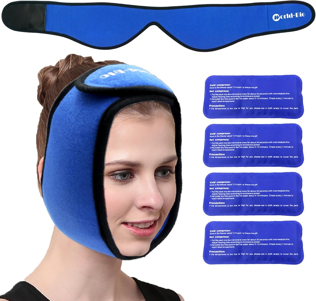 Face Ice Pack Wrap per TMJ, denti di Saggezza, WORLD-BIO Jaw Wrap con 4 pacchetti di gel terapeutici caldi riutilizzabili per la testa, mento, chirurgia orale e facciale, sollievo del dolore per il gonfiore, lesioni, impianti dentali