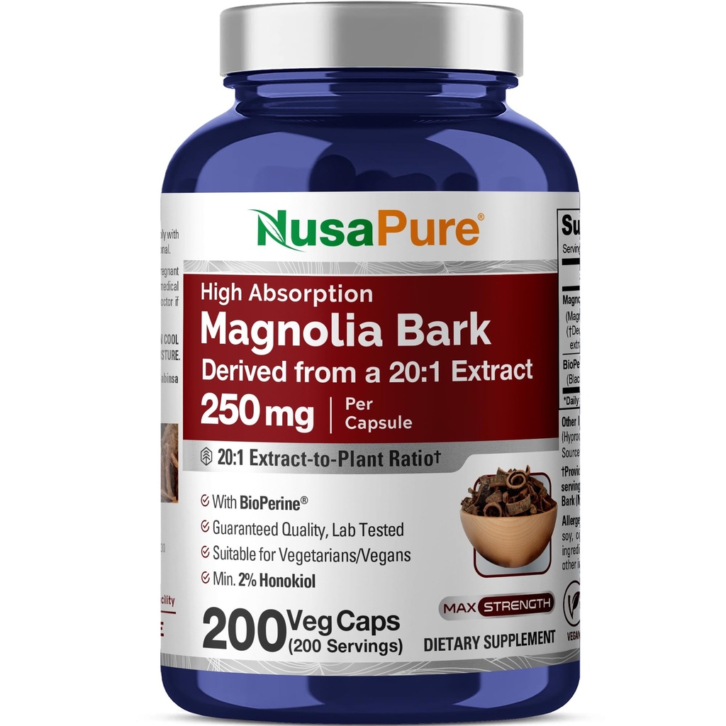NusaPure Magnolia Bark 20:1 Estratto, 250 mg Equivalente a 5000 mg 200 Vegan capsule vegetariane Non OGM