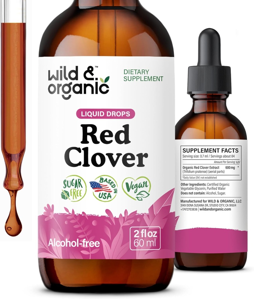 Gocce di estratto di chiodo rosso e biologico - Supplementi di menopausa per le donne - 600 mg Tintura di Clover rosso liquido - Alimentazione 1-Month - Trifolium Pratense Blossom - Sugar & Alcohol-Free - 2 oz