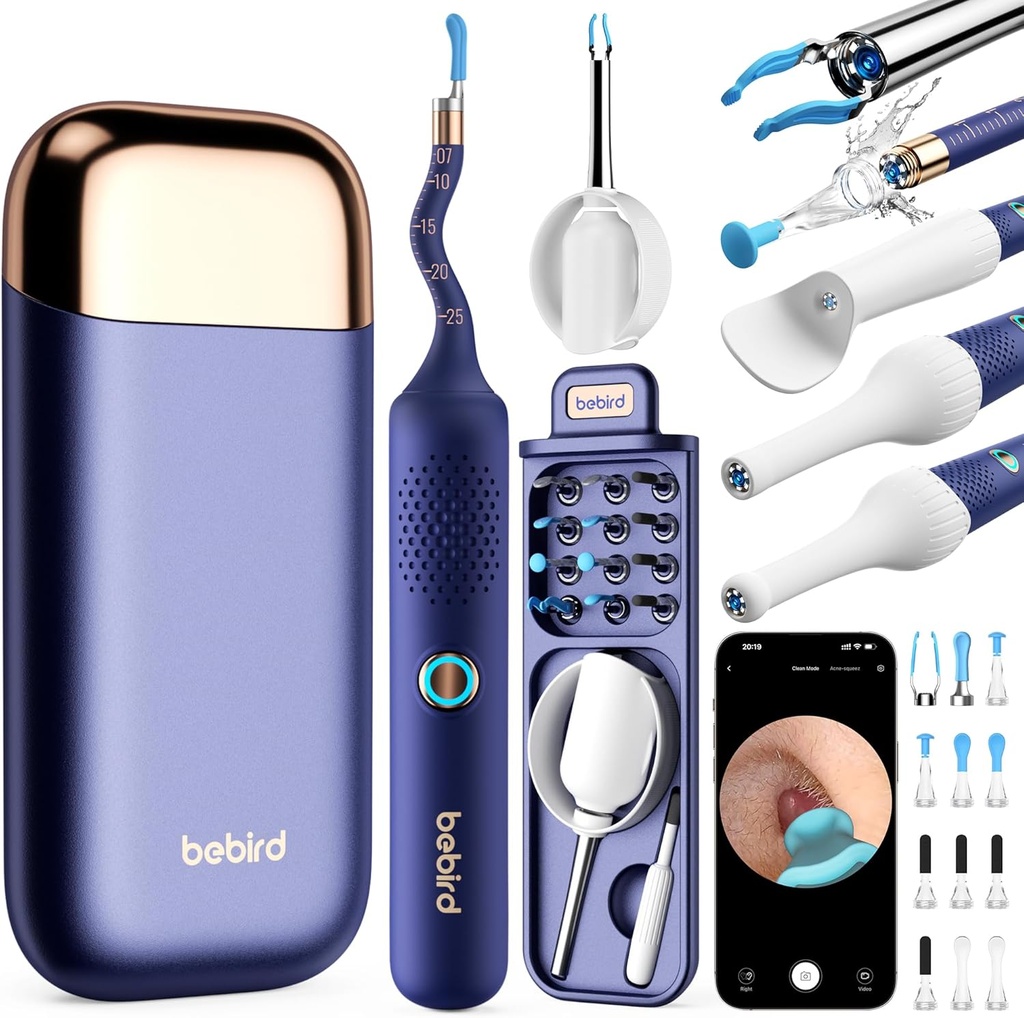Macchina fotografica dello strumento di rimozione della cera dell'orecchio flessibile BEBIRD, oggetti idonei FSA HSA, Kit di pulizia dell'orecchio intelligente senza fili con punte 13-Piece, Otoscopio dell'orecchio della fotocamera HD con pinzette, Earsight Plus B31R Earwax Cleaner