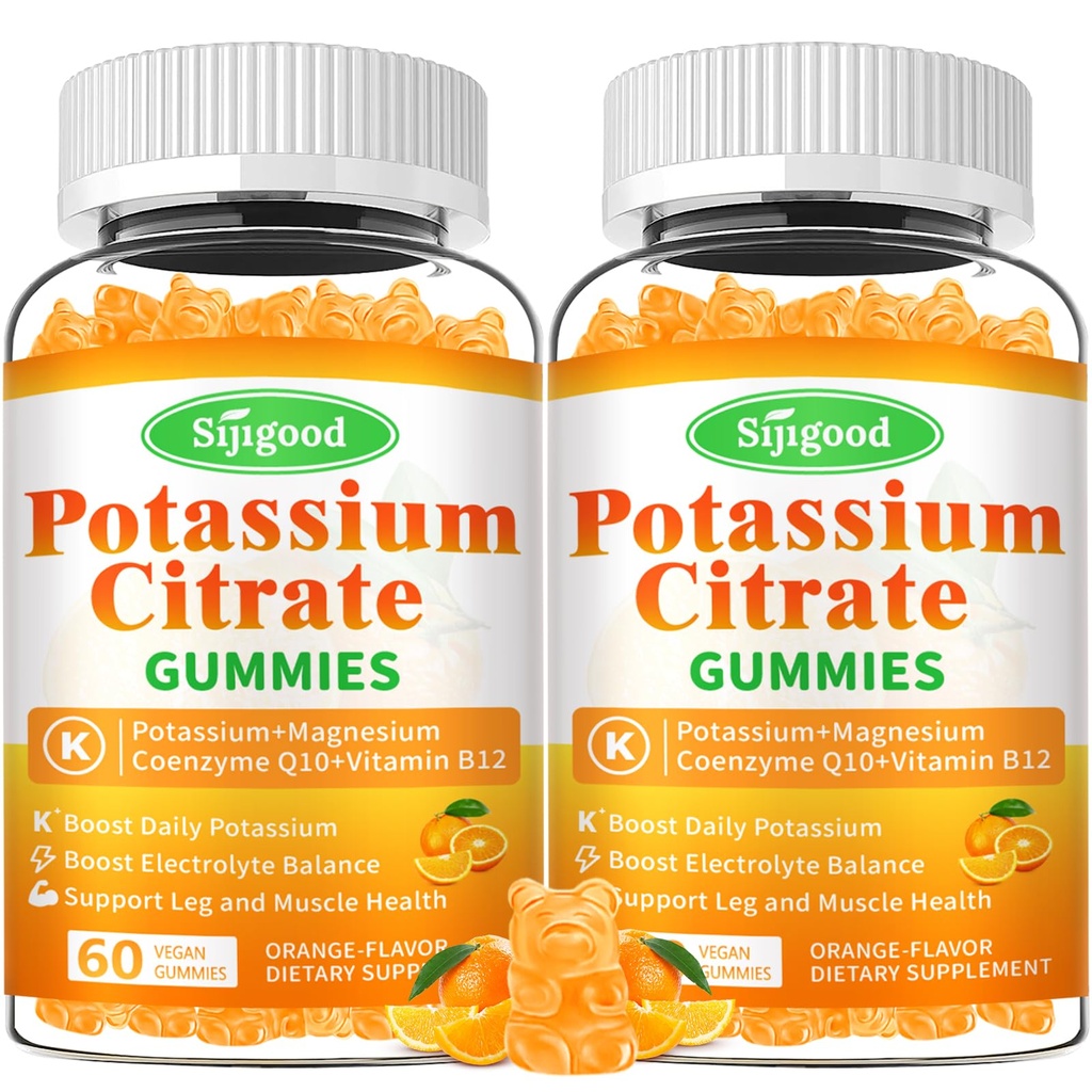 2 pacchi di potassio Citrato Gummies – Supplemento di potassio ad alta potenza per la salute del muscolo, sollievo della polpa, equilibrio elettrolitico – Vegan, non OGM, senza glutine, aroma d'arancia, 120 conte