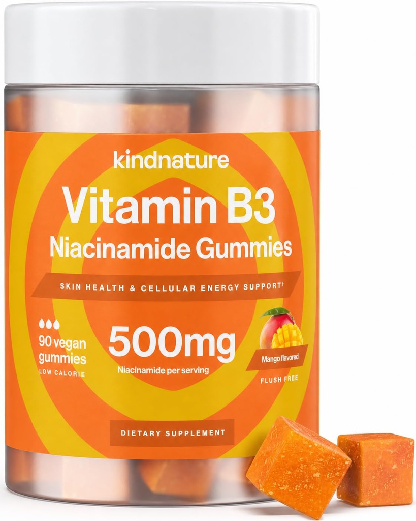 Kindnature Vitamina B3 Niacin Gummies - Flush Free Niacinamide 500mg Supplemento - Vegan, Non OGM, Low-Calorie, Gluten-Free, Soy-Fee, 3rd Party Lab Tested - 1 Mese di alimentazione, 90 Gummies masticabili