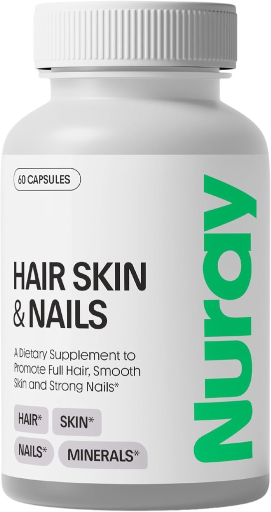 Nuray Hair, Skin & Nails Vitamins – Biotin, Collagen & Acido Ialuronico – Advanced Hair Growth Supplement – Promuove la bellezza, la luminosità della pelle e la resistenza alle unghie – con Vitamina B Complex – 60 Capsule