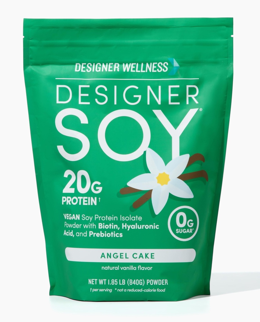 Designer Wellness, Soy Isolate Protein Powder con Biotin, Acido Ialuronico e Prebiotici, Vegan, 0 Zucchero, Non OGM, Angel Cake Vanilla, 1.87 lb