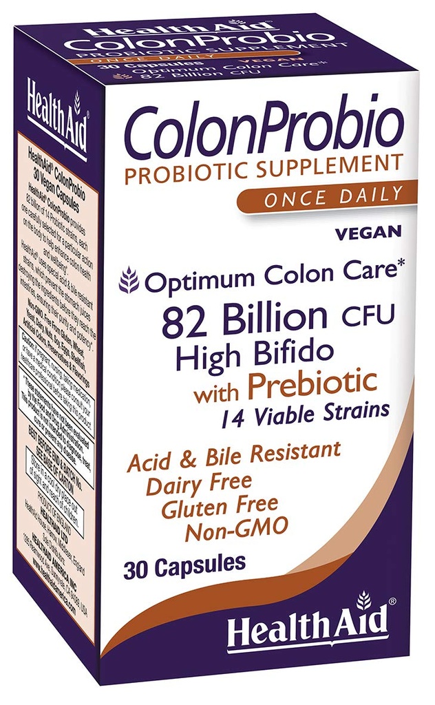 HealthAid ColonProbio 82 Miliardi con Prebiotico, 14 Strains, Una volta Quotidiano, 30ct, Cura ottimale del colon, Acid & Bile Resistant, Latticini Free, Gluten Free, Non OGM