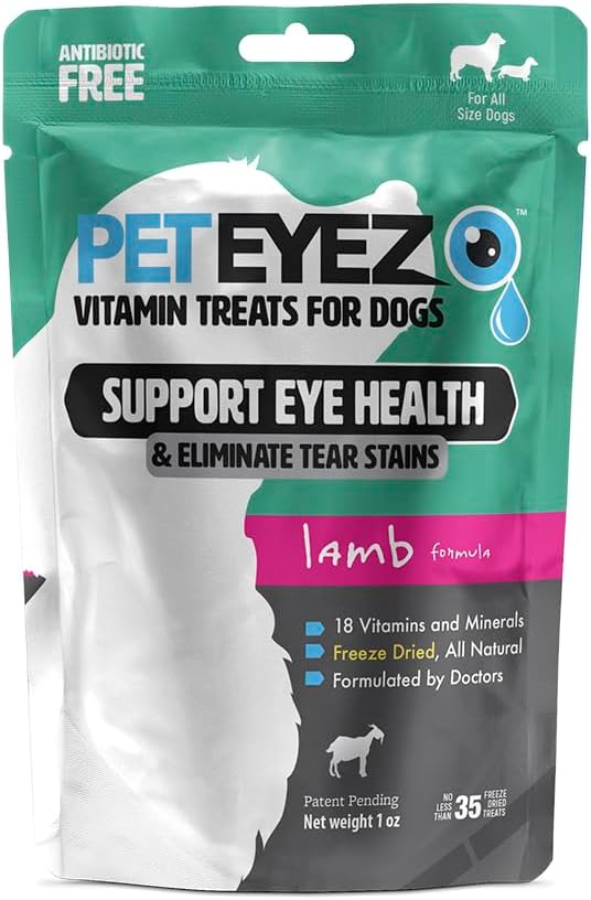 PetEyez Tear Stain Remover Vitamin Treats for Dogs - Supporta la salute degli occhi e riduce il prurito & Tear Stain Buildup - 100% Natural Dog Treats with Superfoods, Antioxidants & Nutrients - Lamb Flavor - 1oz