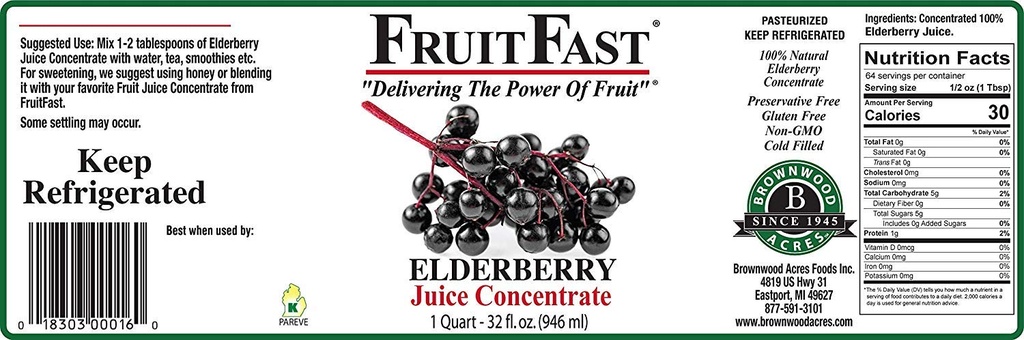 100% Pure Elderberry Juice Concentrate (32 fl. oz. - Confezione da 4) di FruitFast - Brownwood Acres | Non zuccherato, Non OGM, Gluten Free, All Natural Juice Extract - promuove la funzione immunitaria sana*