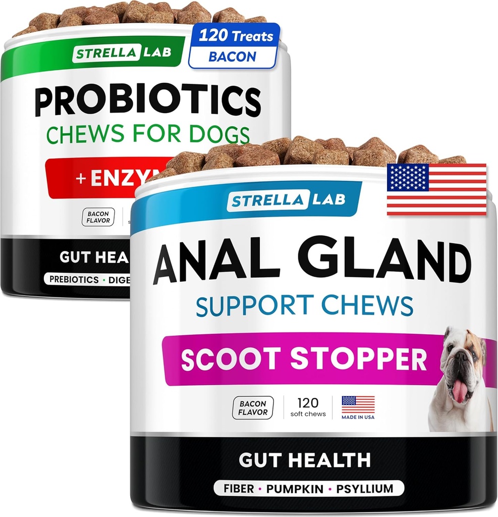 Probiotici + Anal Gland Support Dogs Bundle - Enzimi digestivi & Prebiotici - Allergia, Diarrea, Costipazione & Scoot Treatment - Supplemento fibra per la digestione, Gut Health & Immunity - Made in USA