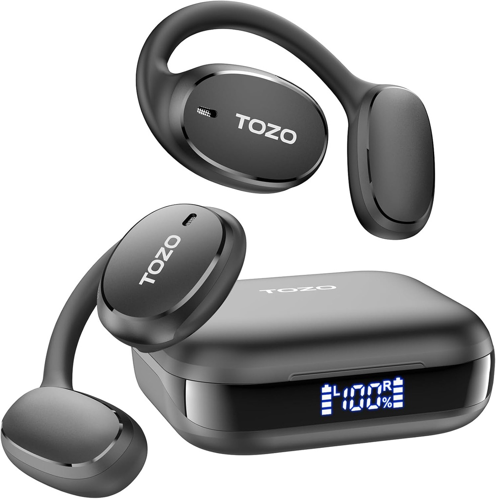 Auricolare aperto TOZO Auricolare aperto cuffie Bluetooth, 80Hrs Earbud wireless tempo di riproduzione con occhielli, display digitale, 32 modalità EQ, chiamata chiara, confortevole Indossare, Sweat-Proof per l'esecuzione di allenamento nero