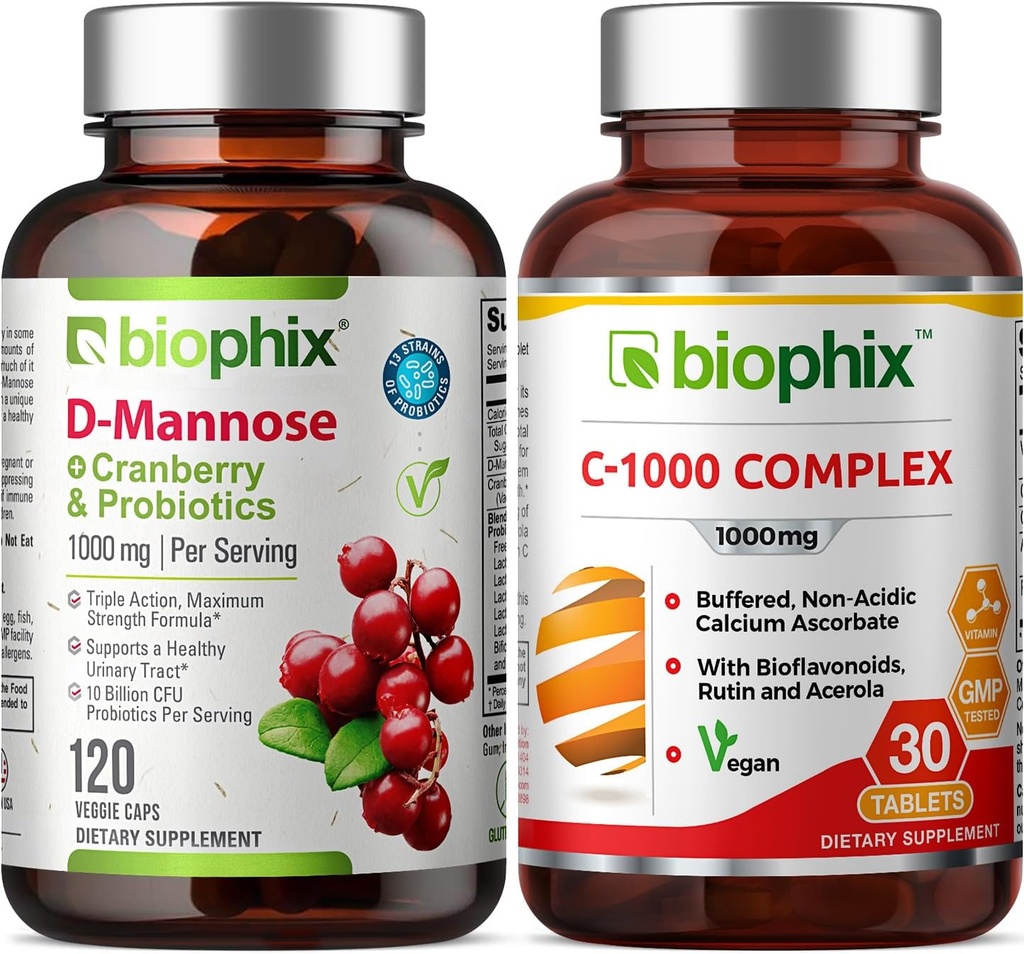 biophix D-Mannose Plus Mirtillo Probiotici 1000 mg 120 Vcaps - Vitamina C-1000 30 Compresse - Supporta la vescica urinaria Tratta Salute e Benessere Digestivo