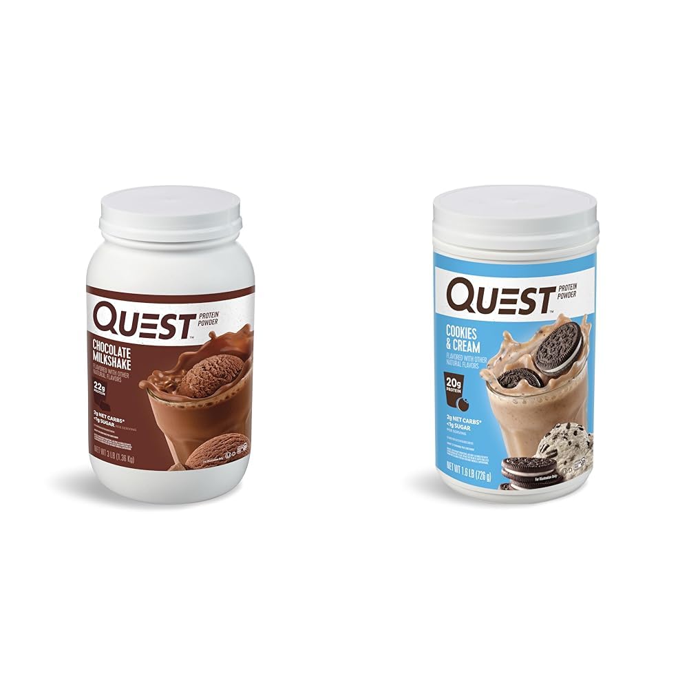 Quest Nutrition Chocolate Milkshake Protein Powder, 22g Protein, 1g Sugar, Low Carb, Gluten Free, 3 Pound, 43 Servings & Cookies & Cream Protein Powder; 20g Protein; 1g Sugar; Carb basso; Gluten Free