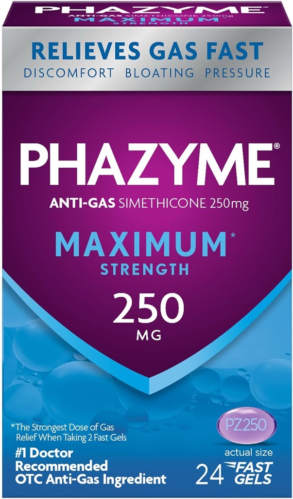 Phazyme Massima* Resistenza Anti-Gas 250 mg Rilievo di gas Simethicone per adulti, Gel Veloce Facilita rapidamente Bloating, Pressione & Discomfort, 24 Conte