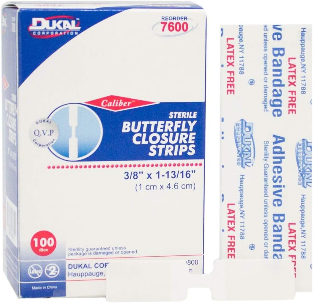 Strisce di chiusura a farfalla Dukal. Confezione da 100 bande di chiusura in tessuto adesivo. Sterile Bandages for Wound Protection. Uso singolo. Avvolto individualmente. Facile da applicare.