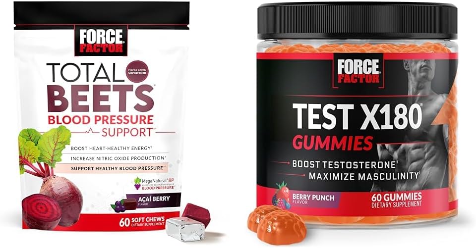 Force Factor Total Beets Supporto pressione sanguigna 60 Chews + Test X180 Booster testosterone Gummies per gli uomini 60 Gummies
