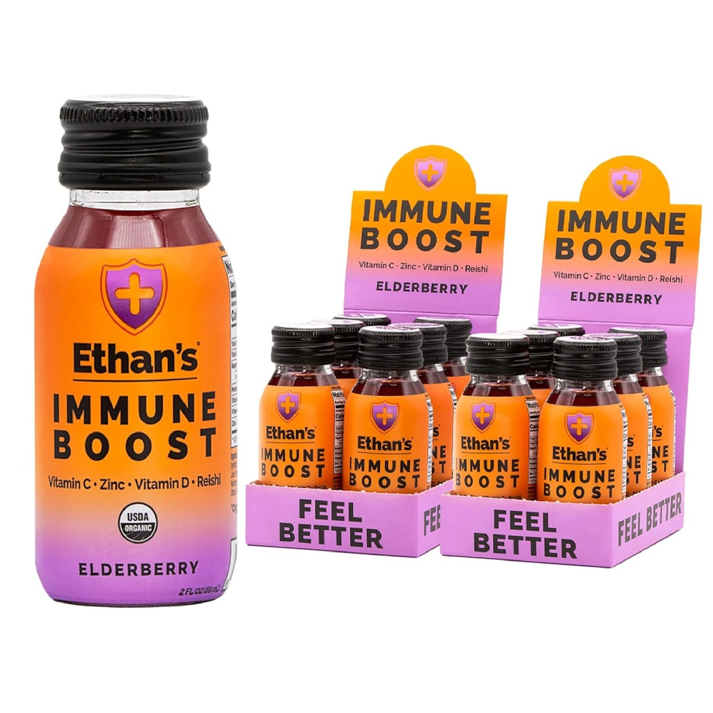 Immune Boost Organic di Ethan, Elderberry Flavor. Sentiti meglio. Supporto Immunità, Fatto con frutta reale, Vitamina C, Vitamina D, Reishi, Zinco, senza aggiunta di zucchero (12 Confezione da 2oz Shots)