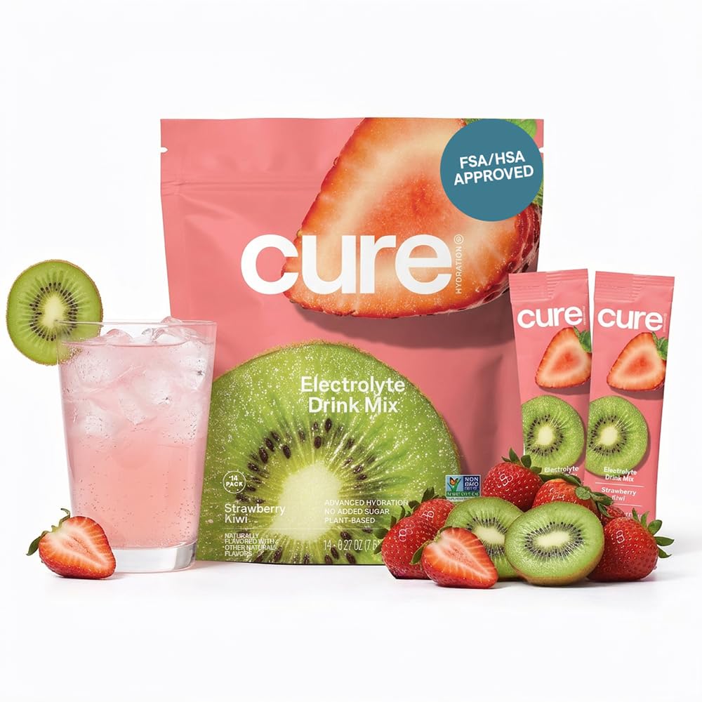 Cure Hydration | Miscela elettrolita a base vegetale | Non Aggiunto Zucchero | FSA-HSA | Polvere di rilievo di disidratazione fatta con acqua di cocco | Non-GMO | Vegan | Pouch of 14 Packets - Fragola Kiwi