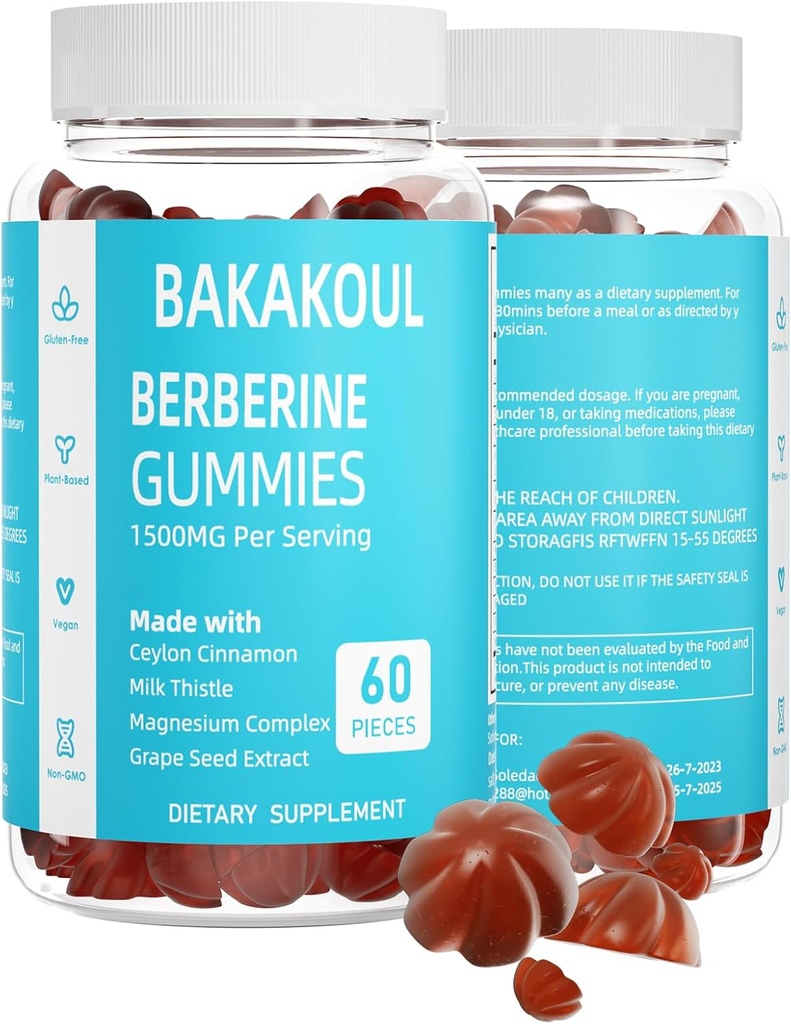 Berberina con Ceylon Cinnamon Gummies, Berberina senza zucchero 1500 mg e Ceylon Cinnamon 500 mg, Gummie Berberine ad alta potenza con Magnesio Complesso e Cardo Latte, 60 Gummies