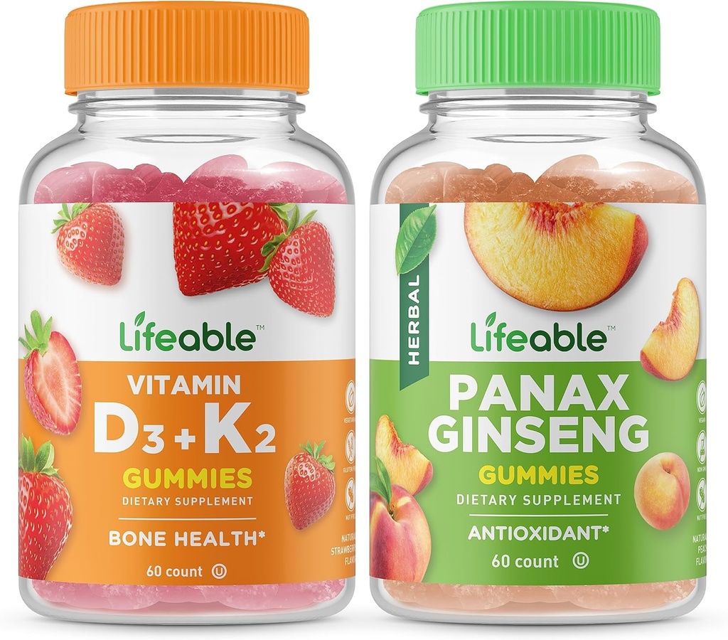 Vitamina vitale D3 + Vitamina K2 + Panax Ginseng, Gummies Bundle - Grande degustazione, Integratore di vitamina, Gluten Free, OGM Free, Gomma masticabile
