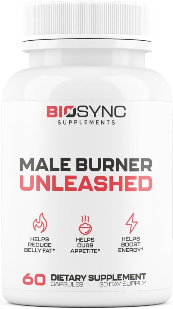 BioSync - Bruciatore maschio UNLEASHED | Bruciatore grasso per gli uomini Pillole di perdita di peso | Appetite Suppressant, Carb Blocker, Energy Booster | 6 ingredienti potenti ultra dosati | Safe 3rd Party Tested - 60 capsule
