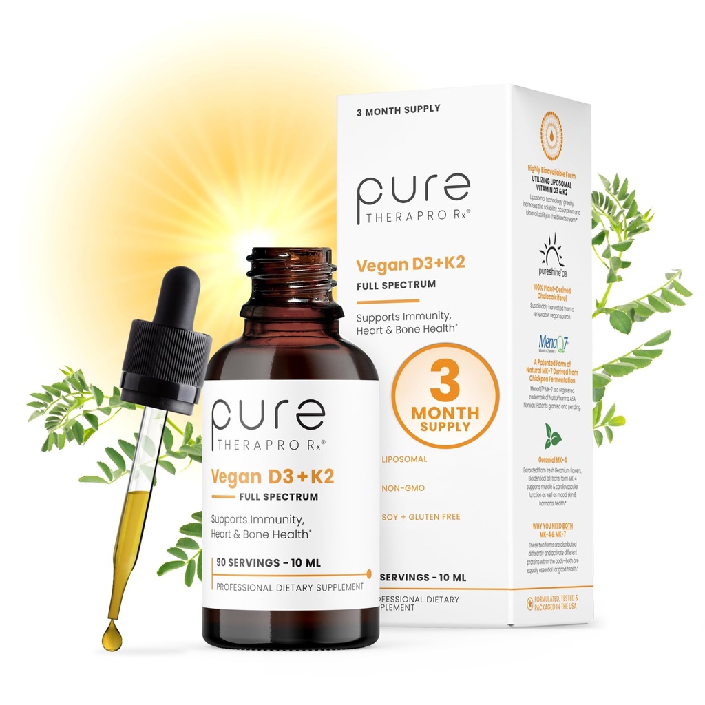 Pure Therapro Rx Vegan D3 + K2 Organico 100% Liposomal 10ml Made in USA | Alimentazione 3 mesi | Assorbimento massimo Vitamina D3 e Vitamina K2 Integratori per Uomini e Donne, D3 Vitamina 5000 IU