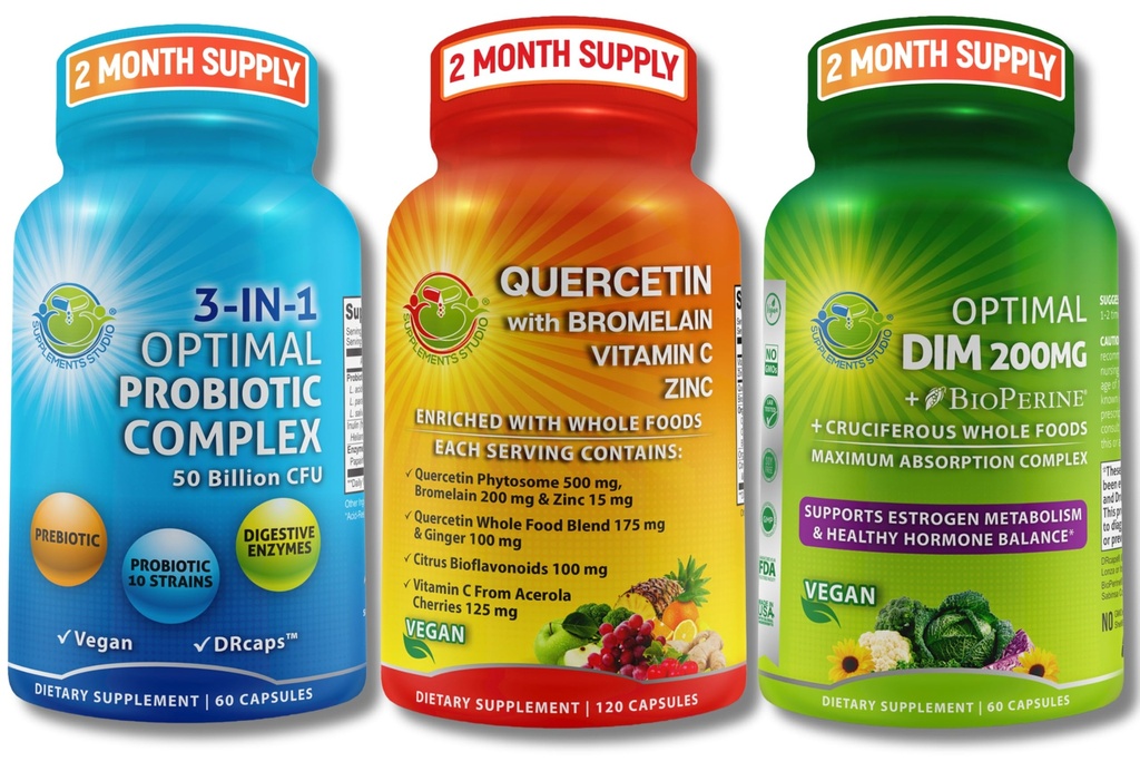 Vegan Hormonal, Immune & Gut Health Support Bundle – Quercetin 500mg con Bromelain, Zinc & Vitamina C + DIM 200mg con BioPerine® + 3-in-1 Probiotico 50 miliardi di CFU con enzimi digestivi & Prebiotici