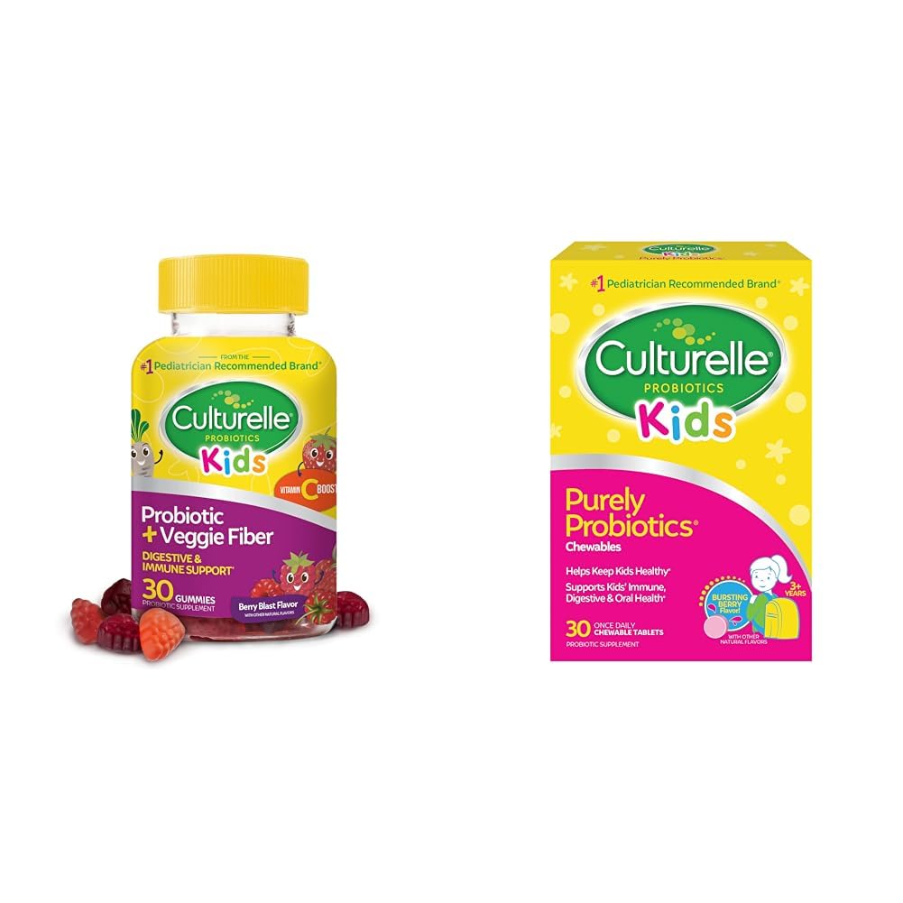 Culturelle Daily Probiotic for Kids + Veggie Fiber Gummies (Ages 3+) - 30 Conte & Kids Chewable Daily Probiotic for Kids, Ages 3+, 30 Count, #1 Pediatrician-Recommend
