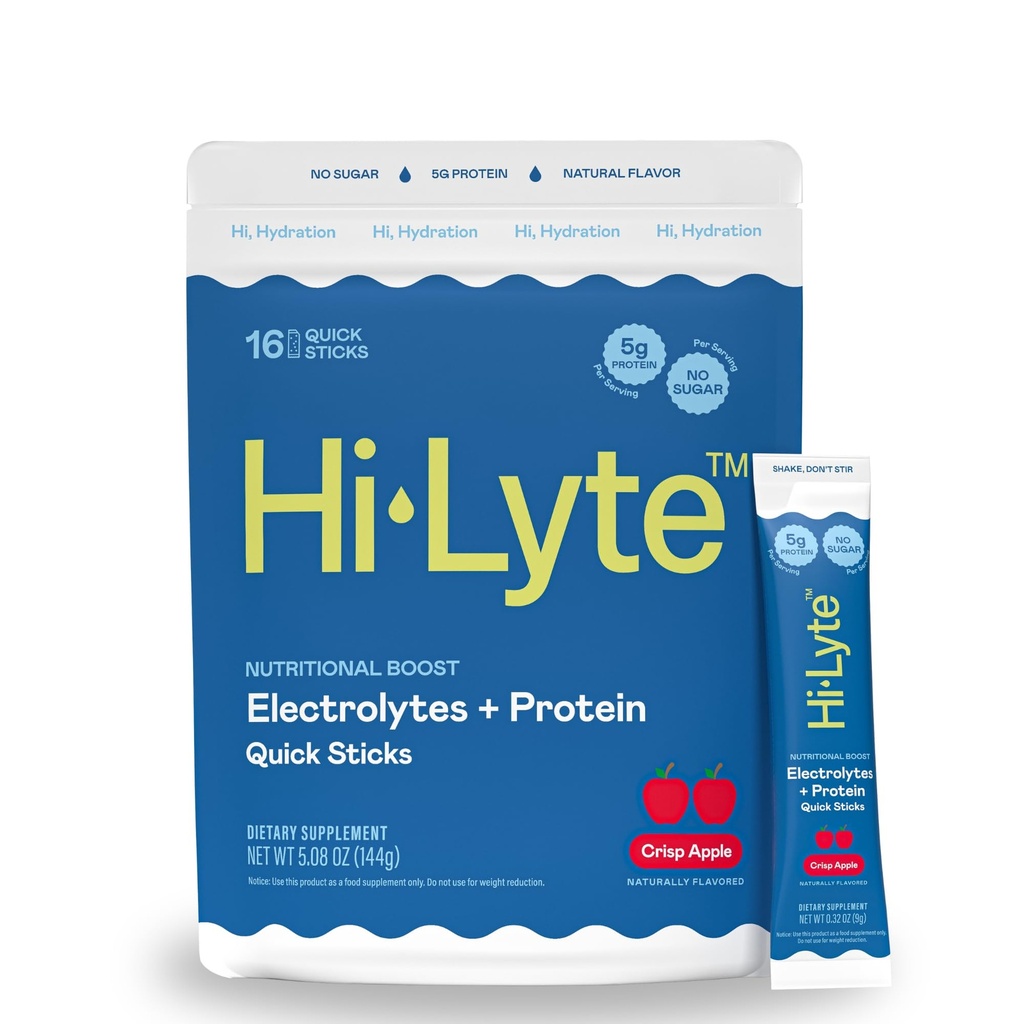 Hi-Lyte Electrolytes + Protein Quick Sticks Crisp Apple, 16 Serve - Sodio, Potassio, Proteine del Siero - Keto Friendly - 5g Protein, No Sugar