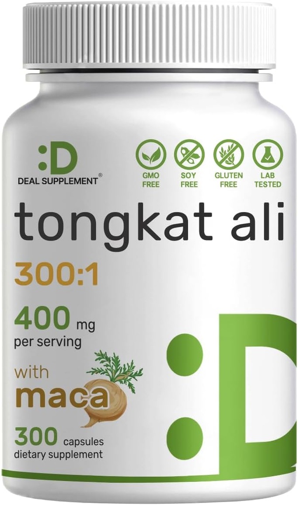 DAL SUPPLEMENTO Tongkat Ali Extract 300:1 400mg & Maca Root 400mg | 300 capsule, Ultra Strength Longjack (Eurycoma Longifolia) + Peru Maca – Non OGM, Integratore di erbe per la salute degli uomini, Prestazioni