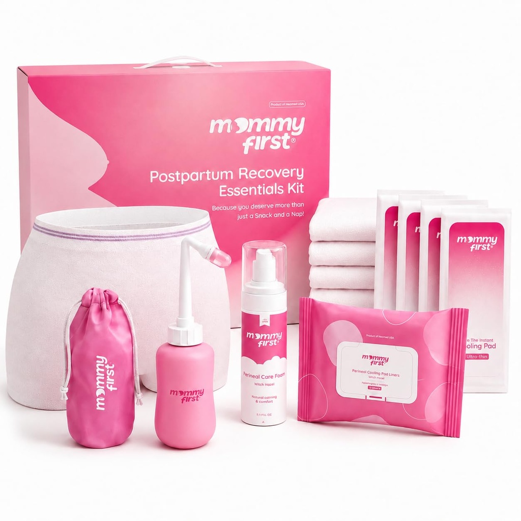 Mom First® Postpartum Essentials Recovery Kit – Next-Gen Perineal Ice Packs, Witch Hazel Healing Foam, Witch Hazel Liners, Upside Down Peri Bottle & Postpartum Underwear per Postpartum Recovery