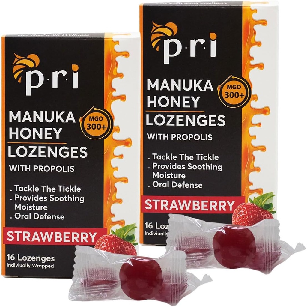 P.R.I Manuka Honey Lozenges con Propolis, Soothing Cough and Throat Drops, MGO 300+ Certificato (Strawberry, 16 Count/2 Pack)