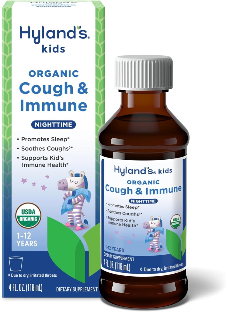 Hyland's Kids Nighttime Organic Cough Syrup and Immune Support with Agave, Elderberry and Pomegranate, Soothes Cough, and Support Immunity, 4 Fl. Oz.