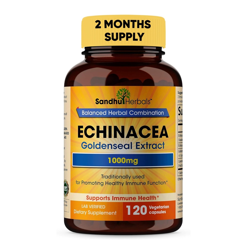 SANDHUHERBALS Sandhu Herbals Echinacea Goldenseal 1000 Mg 120 capsule | Sistema immunitario Supporto Respiratorio Risposta Integratore di risposta infiammabile