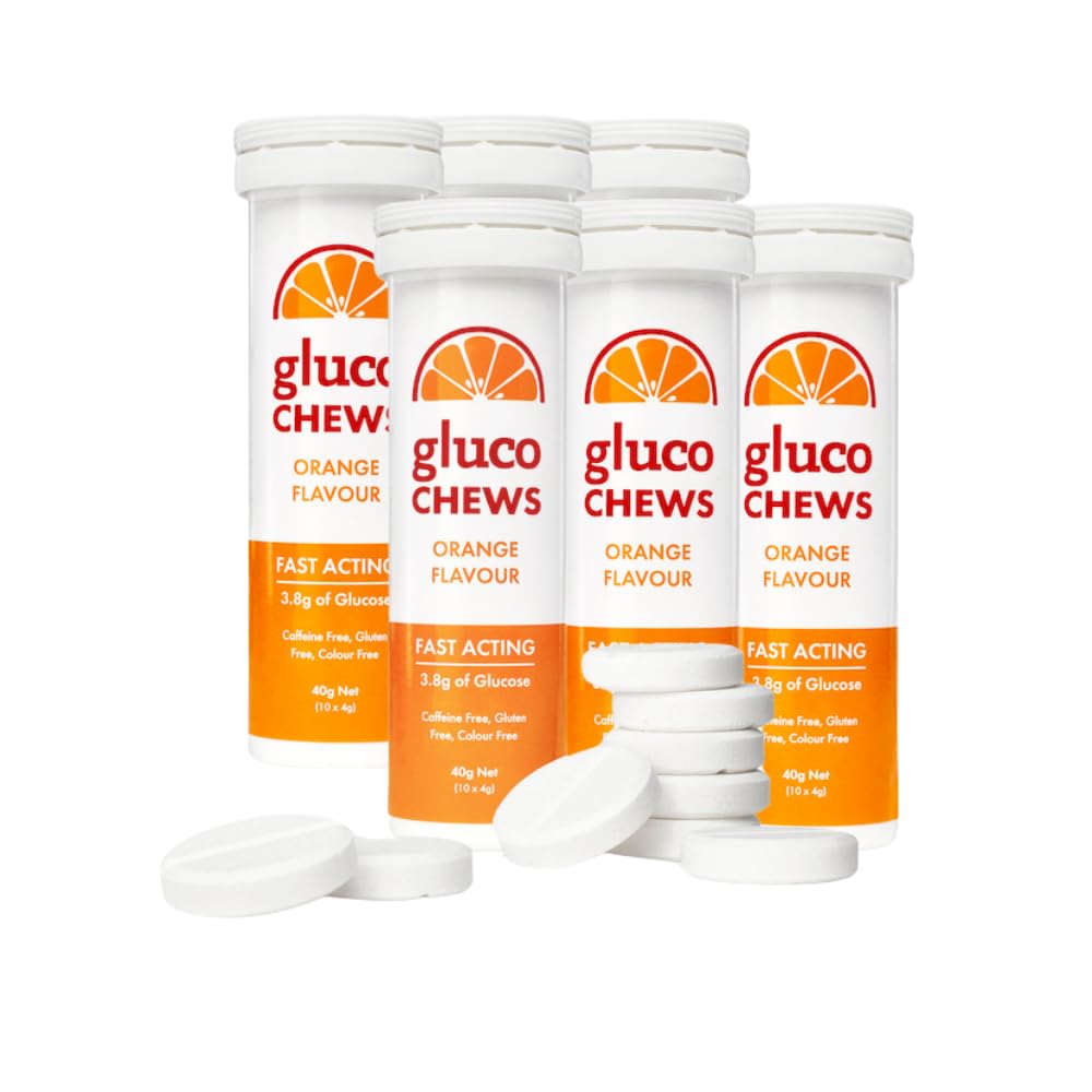 Glucochews Arancione Glucose Tablets – 60 compresse (10 per tubo, 6 tubi Pocket-Sized) – 3,8g Glucose ad azione rapida Ogni – Boosts Energy & Blood Sugar – senza glutine, senza grassi, senza caffeina