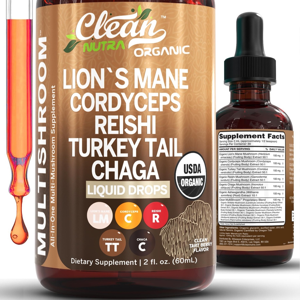 Organic Lions Mane Mushroom Supplement Liquid Drops + Turchia Tail Cordyceps Reishi Chaga Shitake Maitake Tremella Oyster Funghi Poria e Enokitake Complex Blend by Clean Nutra