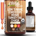 Organic Lions Mane Mushroom Supplement Liquid Drops + Turchia Tail Cordyceps Reishi Chaga Shitake Maitake Tremella Oyster Funghi Poria e Enokitake Complex Blend by Clean Nutra