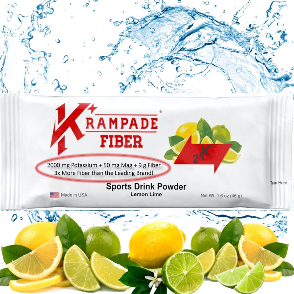 Krampade Fiber 2K High Soluble Fiber, High Potassium, Magnesium Supplement Drink Powder Mix - 2X More Fiber | Ridurre Crampe | (Lime di lemone, 19 Pouch di carica di servizio)