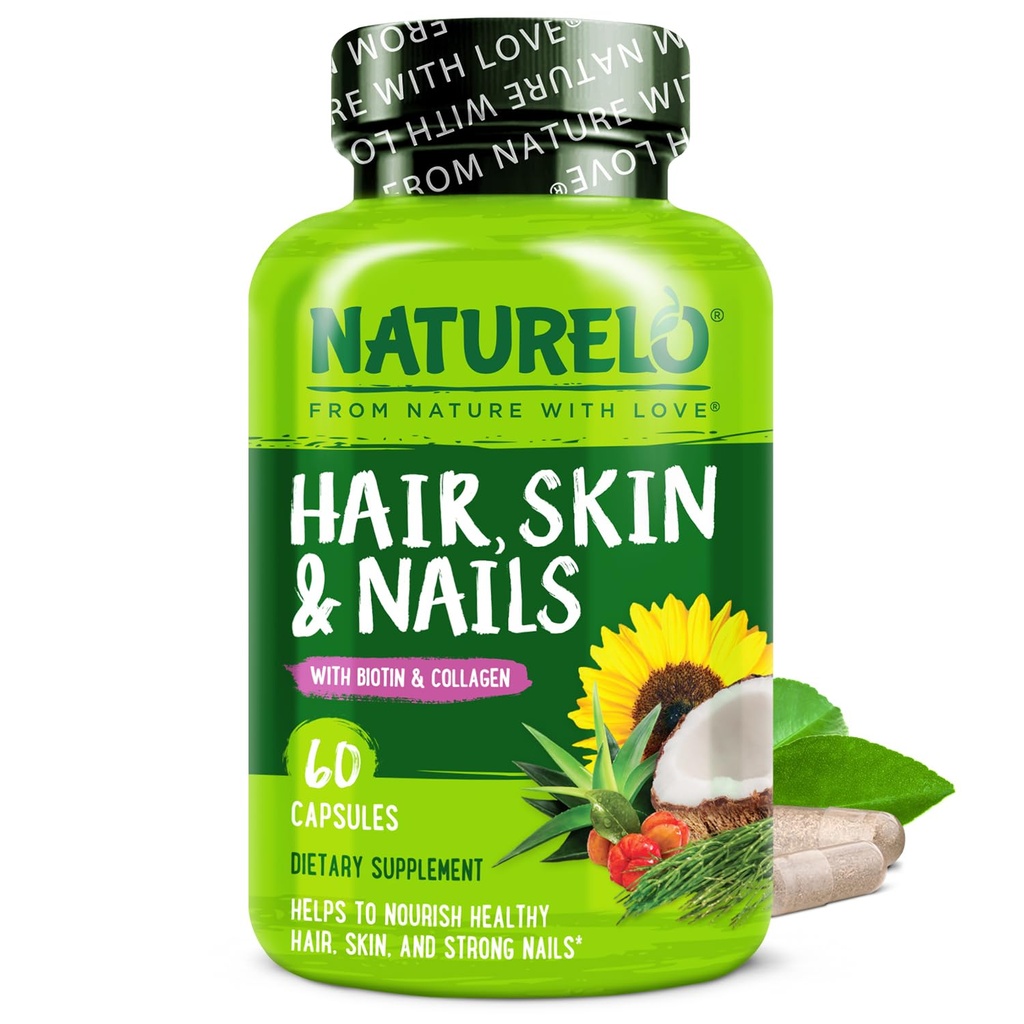 NATURELO Capelli, Pelle e Unghie Multivitamina - 5000 mcg Biotina, Collage, Vitamina Naturale E - Supplemento per pelle sana, Crescita dei capelli per le donne e gli uomini 60 capsule
