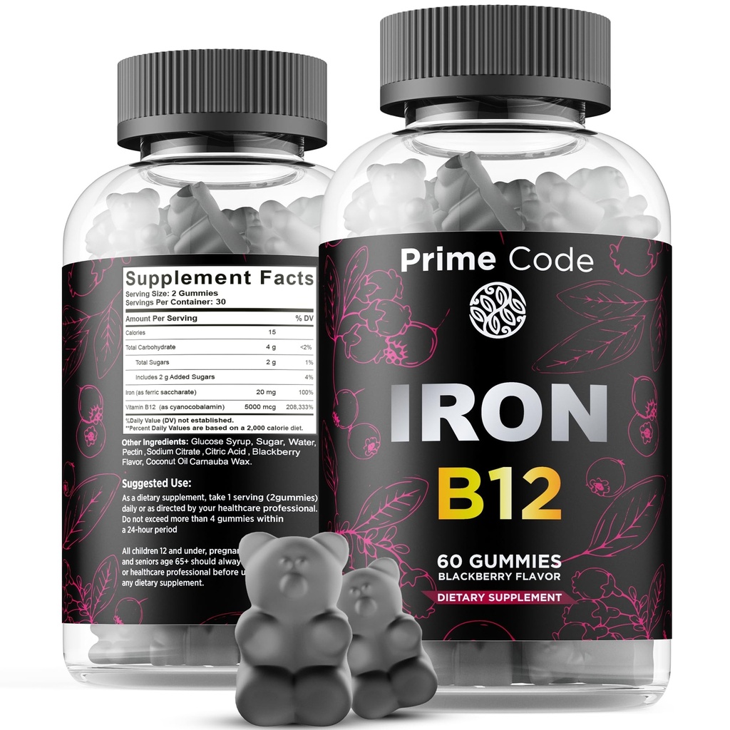 Vitamina B12 Gummies per le donne e gli uomini, 20 mg di ferro supplemento per gli adulti, Free Blood Builder per l'anemia, Vitamina B12 Gummies con ferro e naturale Blackberry Flavor, Vegan, Non-GMO, 30 giorni di alimentazione