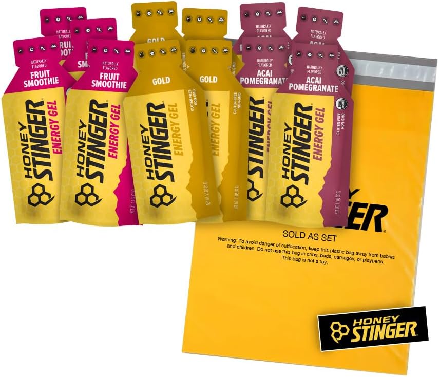 Mine Stinger Organic Energy Gel – Varietà Pack con Adesivo – 12 Conte – 4 di ogni aroma – Fonte energetica per qualsiasi attività – Acai Pomegranate, Gold & Fruit Smoothie