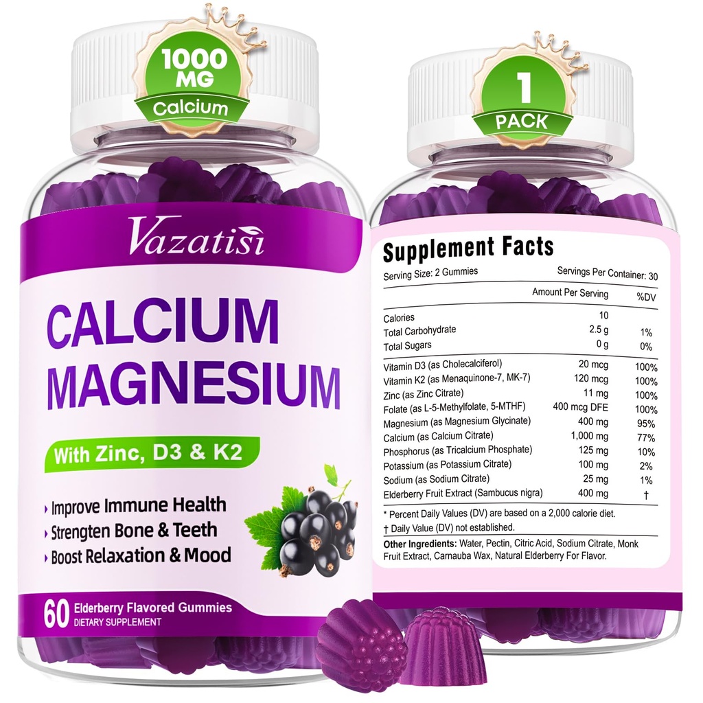 Calcio Magnesio Zinco Gummies con Vitamina D3 e K2, Alto assorbimento Magnesio Glycinate Potassio per Immune e Muscoli, Vegan Elderberry Flavor 60 Gummies