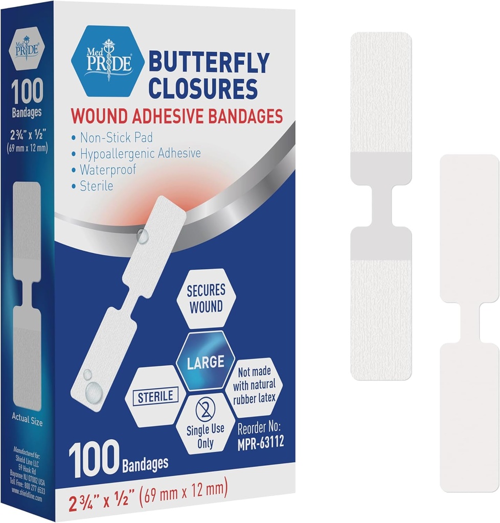 MED PRIDE Butterfly Tape Closures Bandages for Wound Closure, Sterile Hypoallergenic Adhesive Non-Stick Pad, Latex-Free, Confezione da 100 Dimensioni assortite (Large)