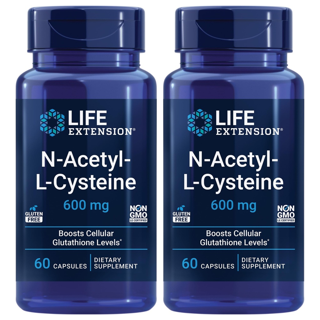 Estensione della vita N-Acetyl-L-Cysteine (NAC), risposta immunitaria, salute respiratoria, salute del fegato, NAC 600 mg, difesa antiossidante, radicali liberi, facile da assorbire - due pacchetti x 60 capsule
