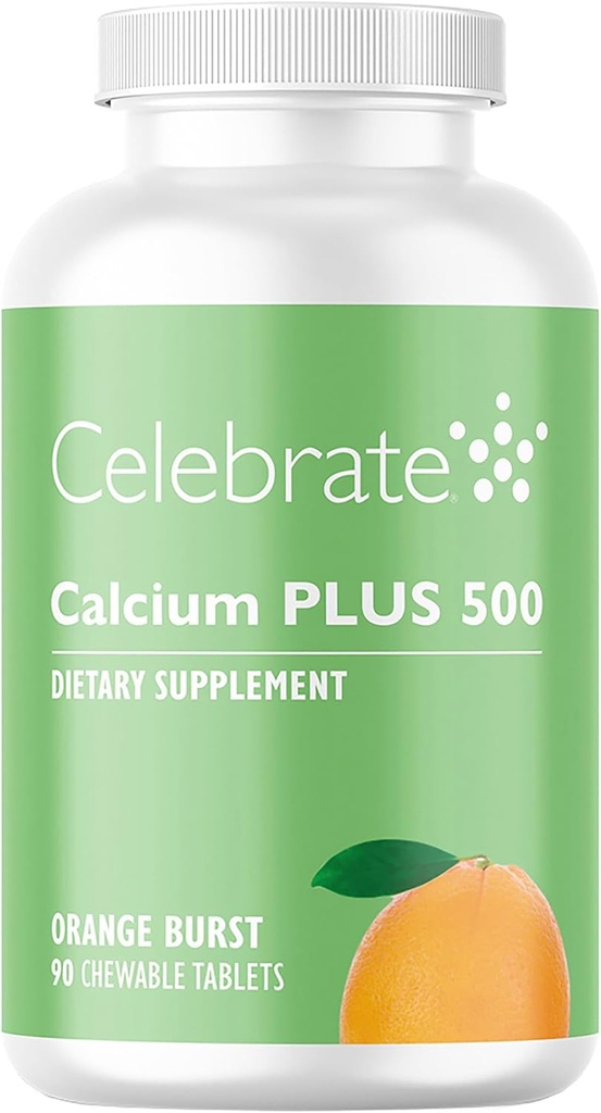 Celebrare Vitamine Calcio Plus 500 Citrato di Calcio Bariatrico con Vitamina D3 Chewable, 500 mg, Gluten-Free & Sugar-Free, Citrato di Calcio per Pazienti Bariatrici, Burst arancione, 90 conteggio