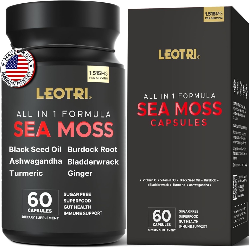 Estratto di caffè verde del mare irlandese: Sea Moss 10500mg Olio nero di semi 6000mg Turmeric 3000mg Ashwagandha 3000mg Bladderwrack 3000mg Burdock Root 3000mg Ginger per la pelle Gut Salute Superfood 60 capsule